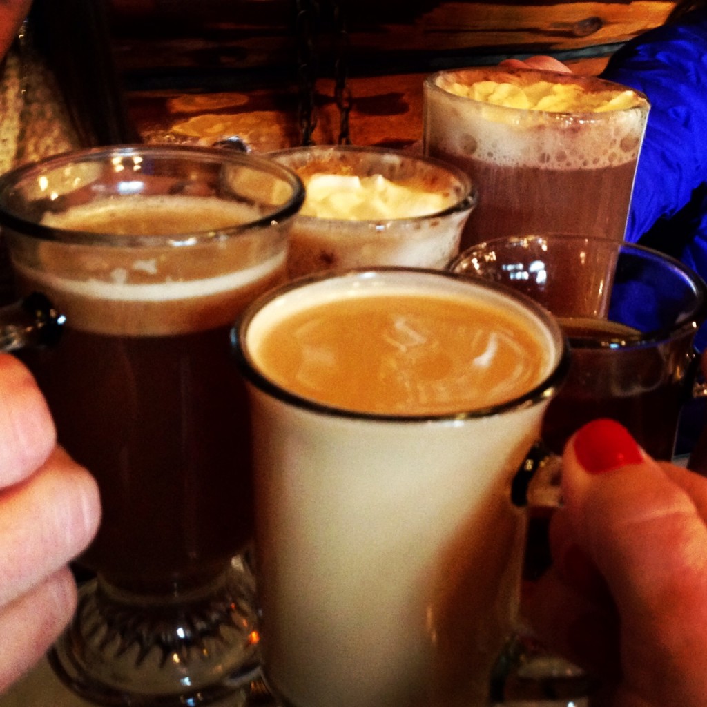 Hot beverages by the fire in the historic lodge