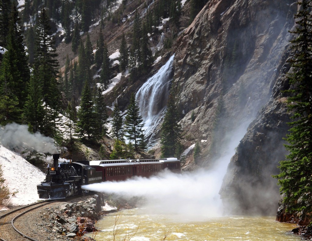 The Durango Silverton Train rolls through the canyon. Photo courtesy Durango and Silverton Narrow Gauge Railroad.